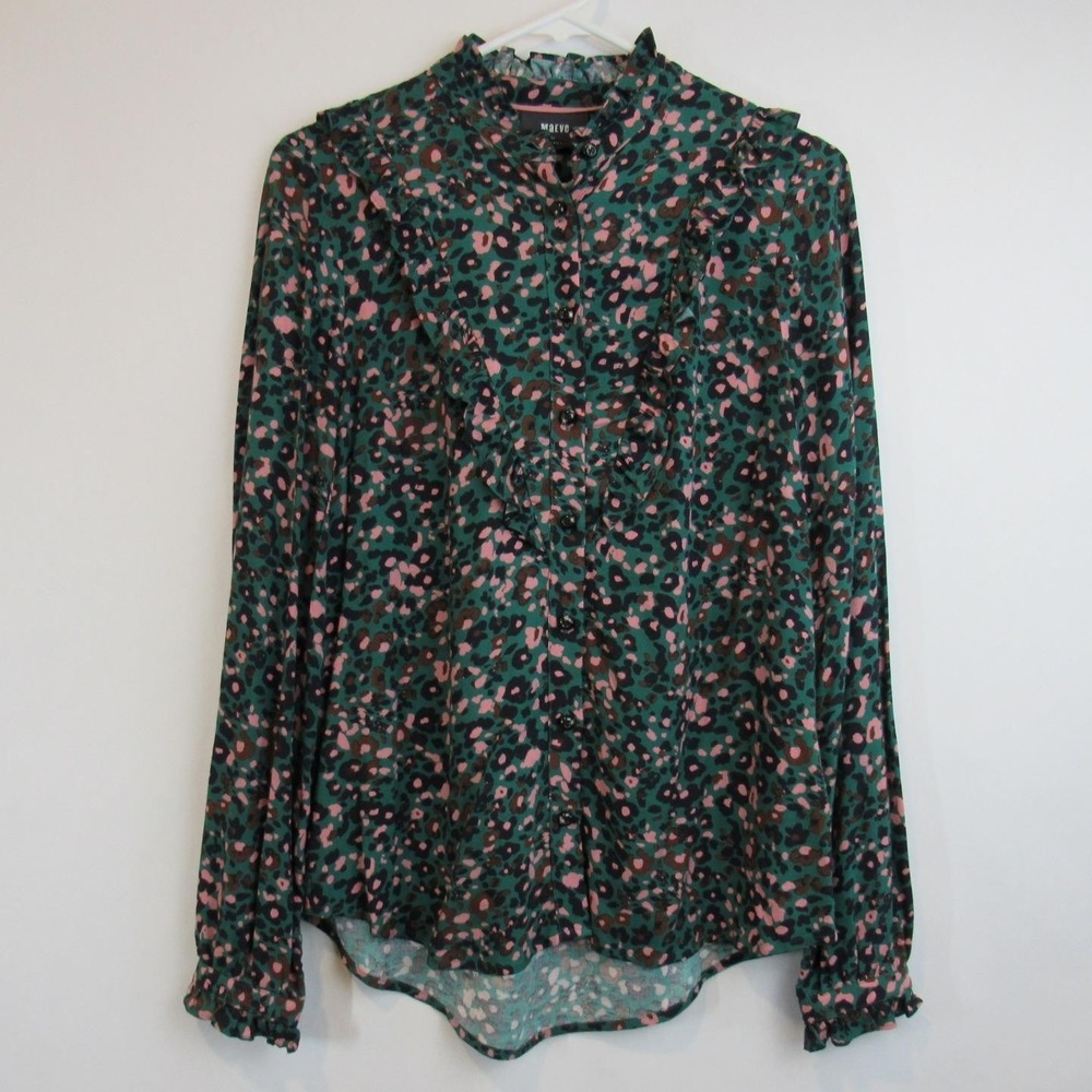 Maeve Anthropologie Button Ruffle Long Sleeve Multicolor Cheetah Blouse Size 0